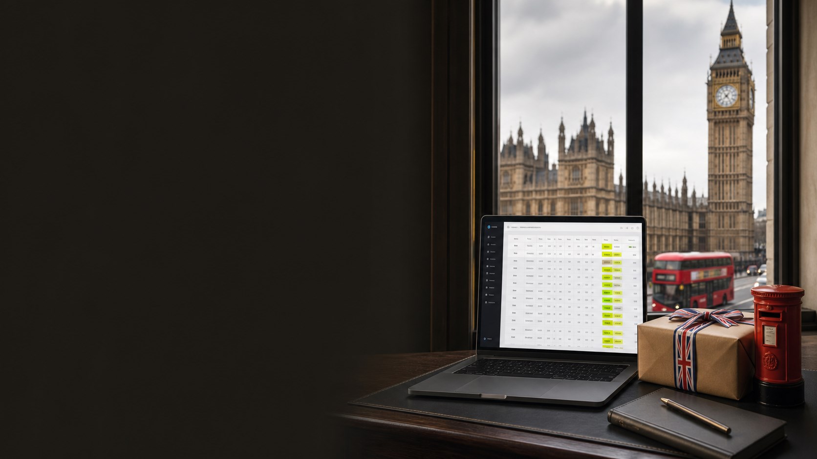 Joyagoo Spreadsheet beside Big Ben, the Houses of Parliament, a red London bus and a British parcel